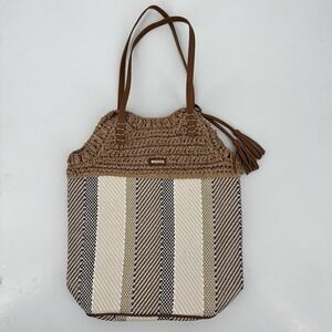 Sun‎ N Sand Tote Shoulder Bag Large Crochet Woven Straw Striped Lined Tassels